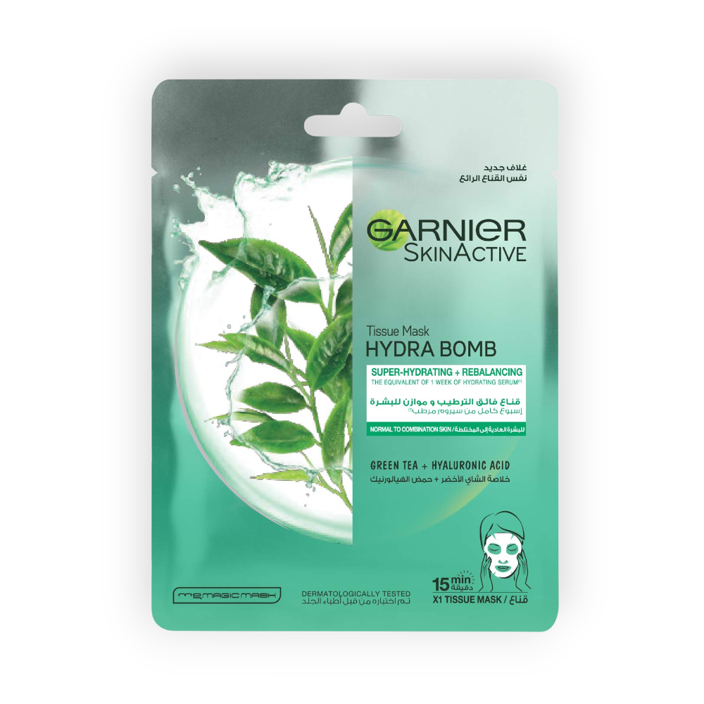 GARNIER GREEN TEA+HYALURONIC ACID MASK 32GM